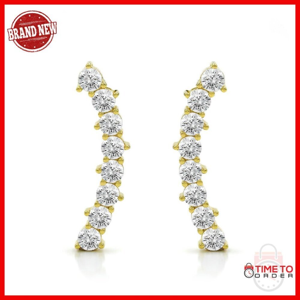 925 Sterling Silver Curved Bar Ear Climber Ear Crawler Cubic Zirconia